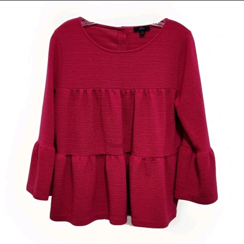 J. Crew Women's M Tiered Top 3/4 Bell Sleeve Berry Pink Button Back